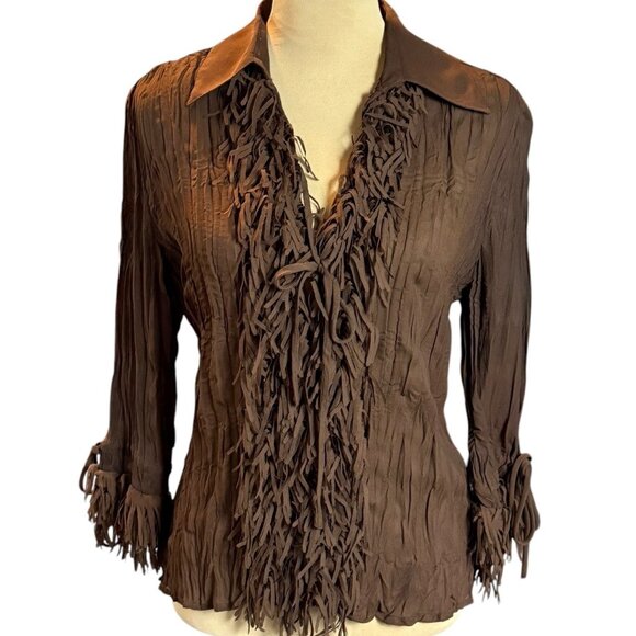 Women’s Fringe Button Front Top Sz M Festival Western Southwestern Concert Brown - Picture 1 of 9